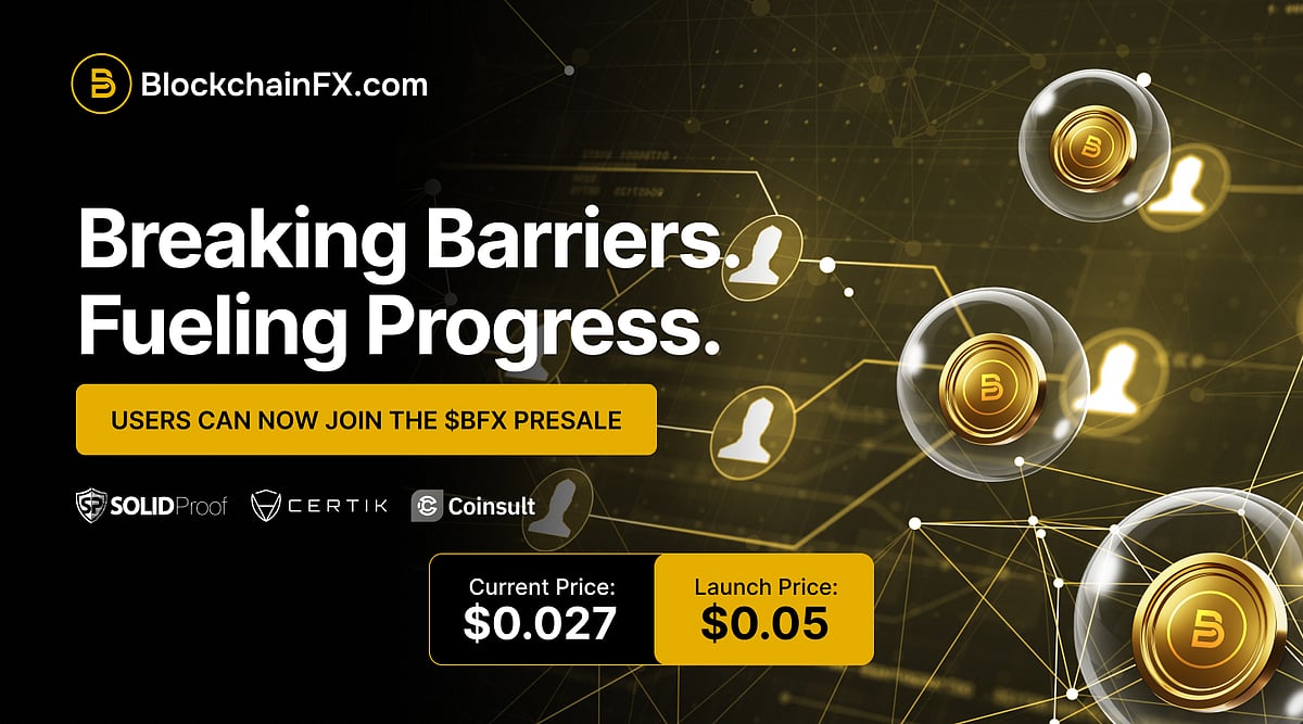 BlockchainFX $BFX token presale promotion with pricing and crypto coin graphics