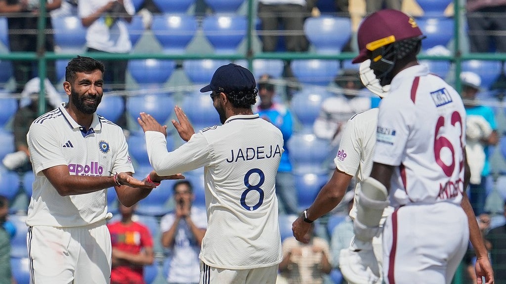 AP : India's Jasprit Bumrah celebrates the dismissal of West Indies' Khary Pierre on the third day of the second Test at the Arun Jaitley Stadium in New Delhi.