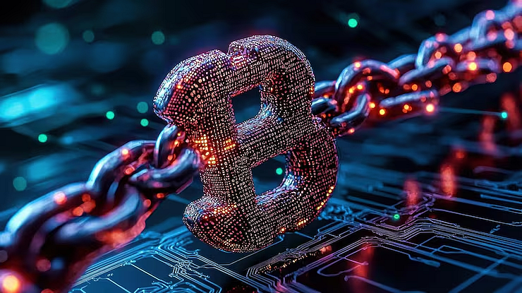 Digital Bitcoin symbol made of particles, floating above a circuit board and a chain