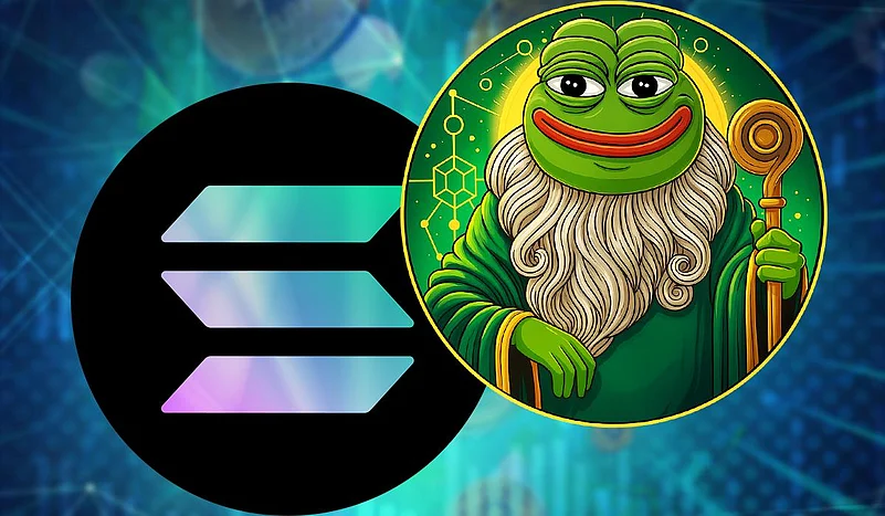 Solana logo beside a wizard Pepe the Frog character with a staff on a digital background