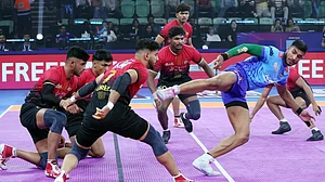Pro Kabaddi : Action from the Bengal Warriorz vs Bengaluru Bulls, Pro Kabaddi League 2025 match in New Delhi.