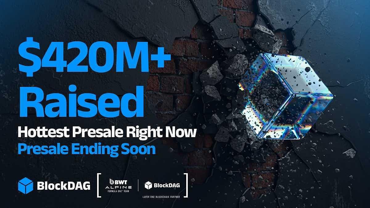 BlockDAG $420M+ raised presale banner with 3D cube graphic