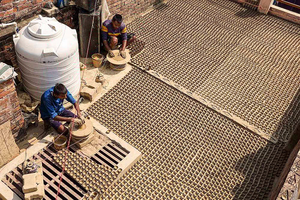 Making of earthen lamps ahead of Diwali