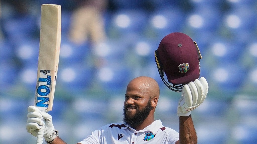 AP : West Indies' John Campbell celebrates after scoring a century on the fourth day of the second Test against India at the Arun Jaitley Stadium in New Delhi.