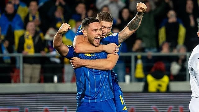 | Photo: Instagram/uafukraine : Ukraine's Oleksii Hutsuliak celebrates his goal against Azerbaijan in the FIFA World Cup 2026 European Qualifiers on October 13, 2025.