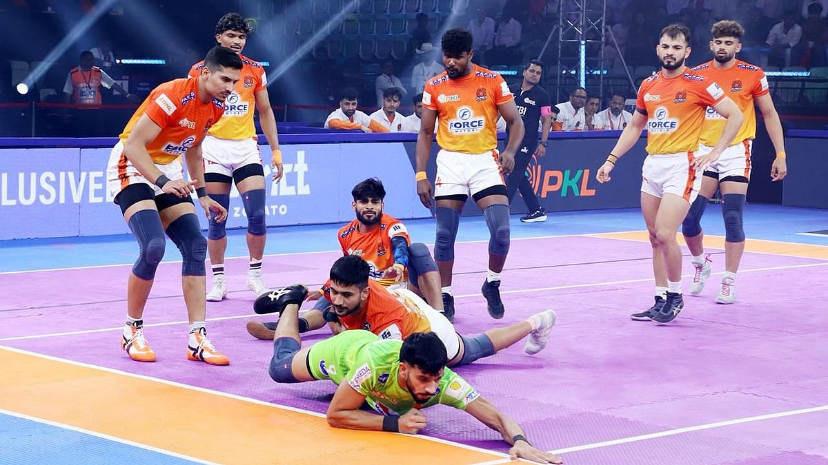 Pro Kabaddi : Action from the Dabang Delhi vs Puneri Paltan, Pro Kabaddi League 2025 match in New Delhi.