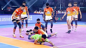 Pro Kabaddi : Action from the Dabang Delhi vs Puneri Paltan, Pro Kabaddi League 2025 match in New Delhi.