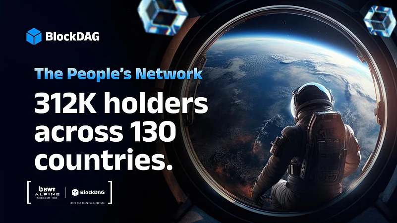 A promotional banner for BlockDAG featuring an astronaut and the Earth