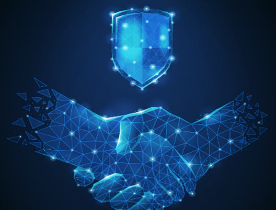 Polygonal handshake graphic in blue light with a security shield overhead