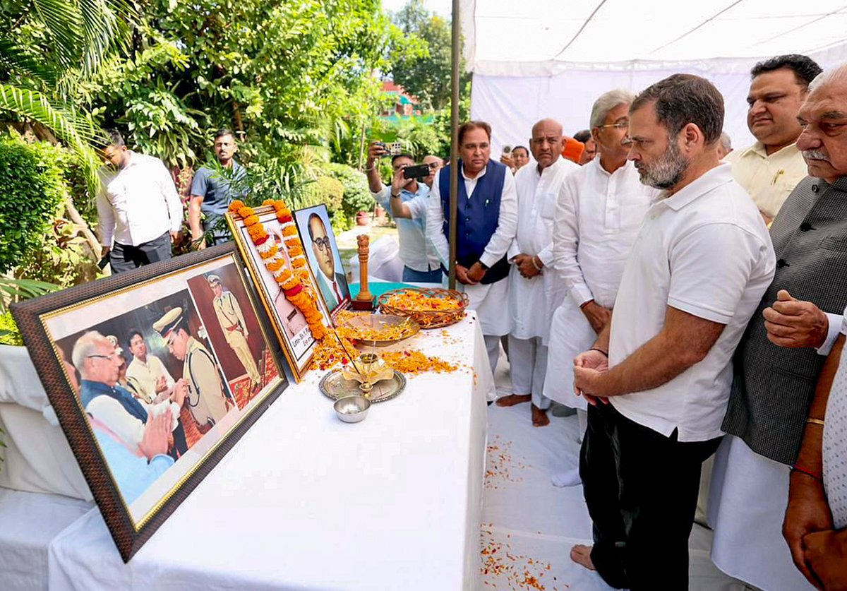 AICC via PTI Photo : Leader of Opposition in the Lok Sabha Rahul Gandhi during a meeting with the family members of Haryana IPS officer Y. Puran Kumar, in Chandigarh.