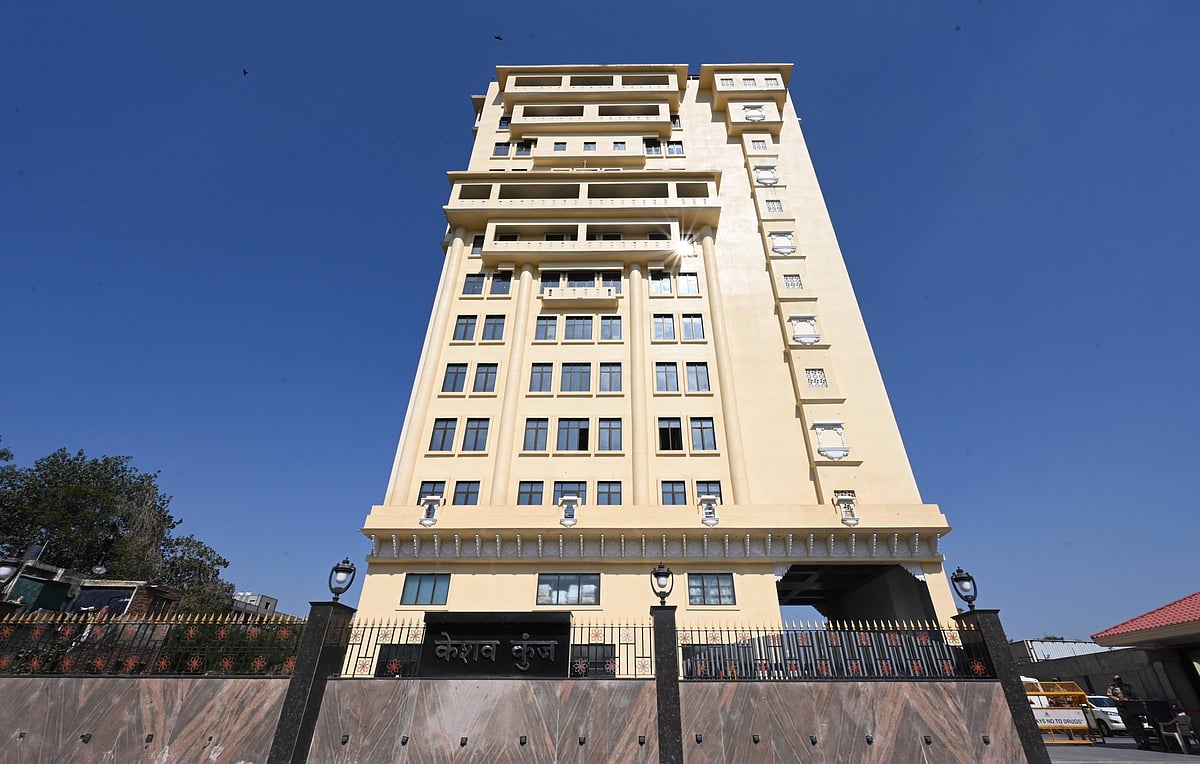 Photo by Sonu Mehta Hindustan Times : View of rebuilt Rashtriya Swayamsevak Sangh (RSS) office, Keshav Kunj at Jhandewalan on February 13, 2025 in New Delhi, India. The newly built Keshav Kunj spans 5 lakh square feet house 300 rooms, office spaces, conference halls, auditoriums, a library, a hospital, and a Hanuman temple. 