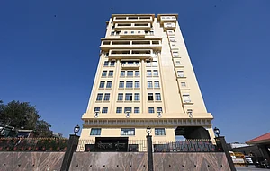 Photo by Sonu Mehta Hindustan Times : View of rebuilt Rashtriya Swayamsevak Sangh (RSS) office, Keshav Kunj at Jhandewalan on February 13, 2025 in New Delhi, India. The newly built Keshav Kunj spans 5 lakh square feet house 300 rooms, office spaces, conference halls, auditoriums, a library, a hospital, and a Hanuman temple.