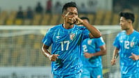 | Photo: Instagram/IndianFootball : India's Lallianzuala Chhangte celebrates after scoring against Singapore in the AFC Asian Cup 2027 Qualifiers at Fatorda Stadium in Margao on October 14, 2025.