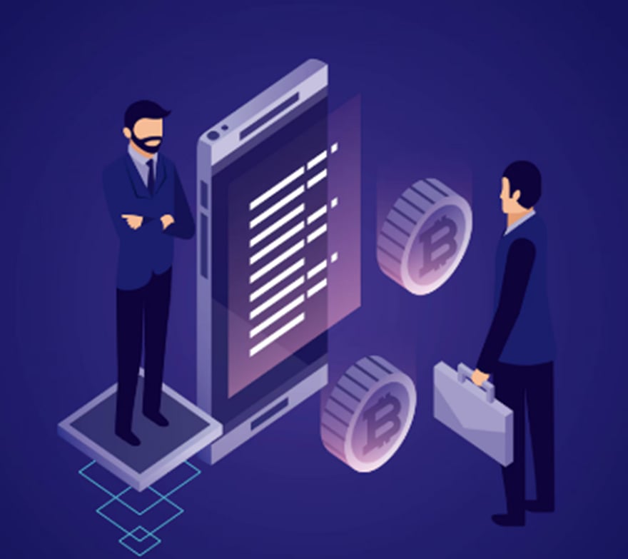 Two businessmen, a smartphone with a list, and two large cryptocurrency coins.