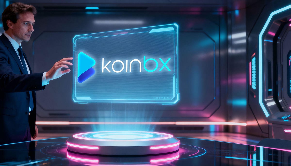 A man in a suit pointing at a futuristic display with KoinBX logo
