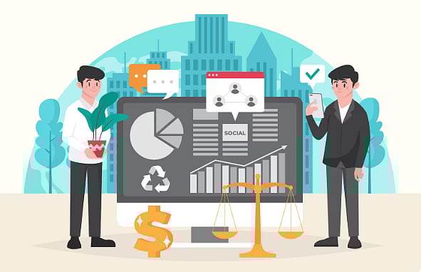 Illustration of two men standing by a large screen showing crypto investment data and a scale