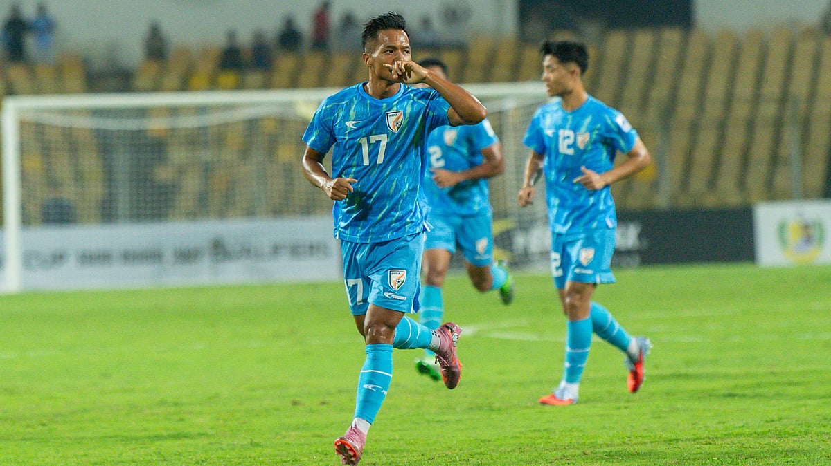 | Photo: AIFF/Shibu Preman : India's Lallianzuala Chhangte celebrates after scoring against Singapore in the AFC Asian Cup 2027 Qualifiers at Fatorda Stadium in Margao on October 14, 2025.