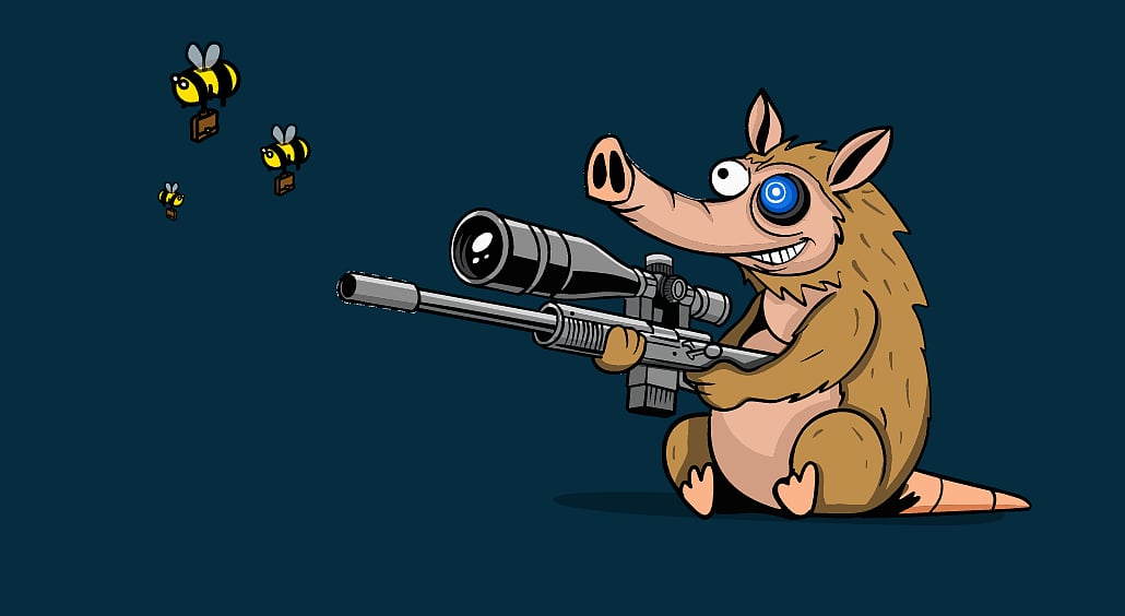 Snorter with a sniper rifle aiming at three flying bees.