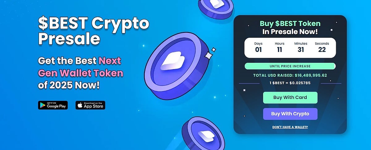 Digital graphic promoting the $BEST Crypto Presale for the Best Wallet Token (BEST).