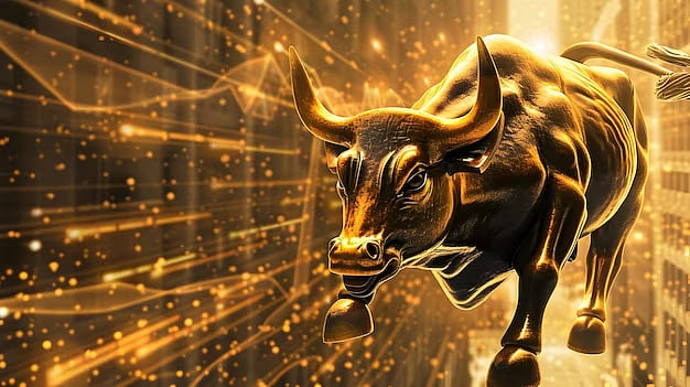 A golden, stylized bull against a dark, glowing financial background.