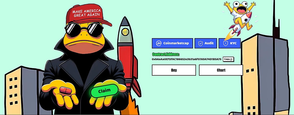 Cartoon with MAGA hat, sunglasses, rocket, and crypto buttons