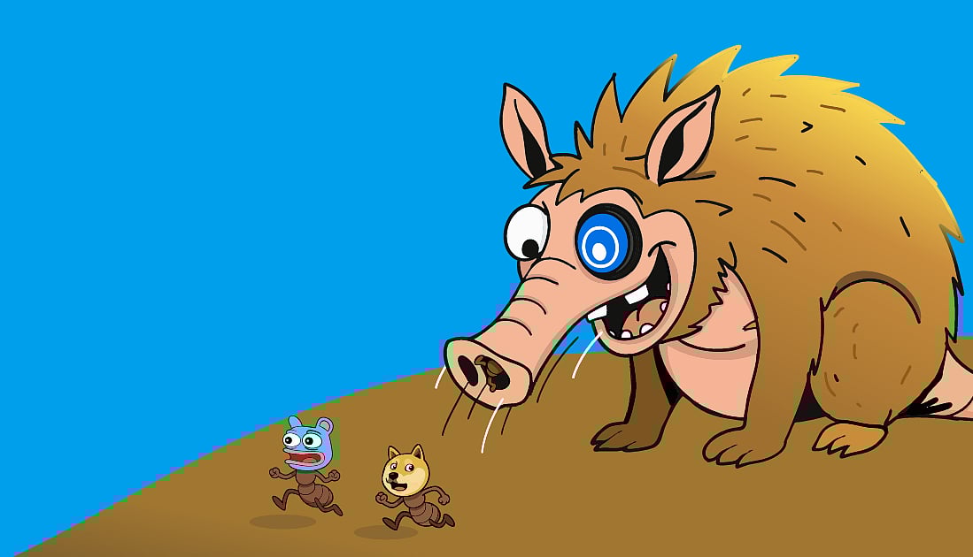 Snorter with wide eyes chasing two small animal characters.