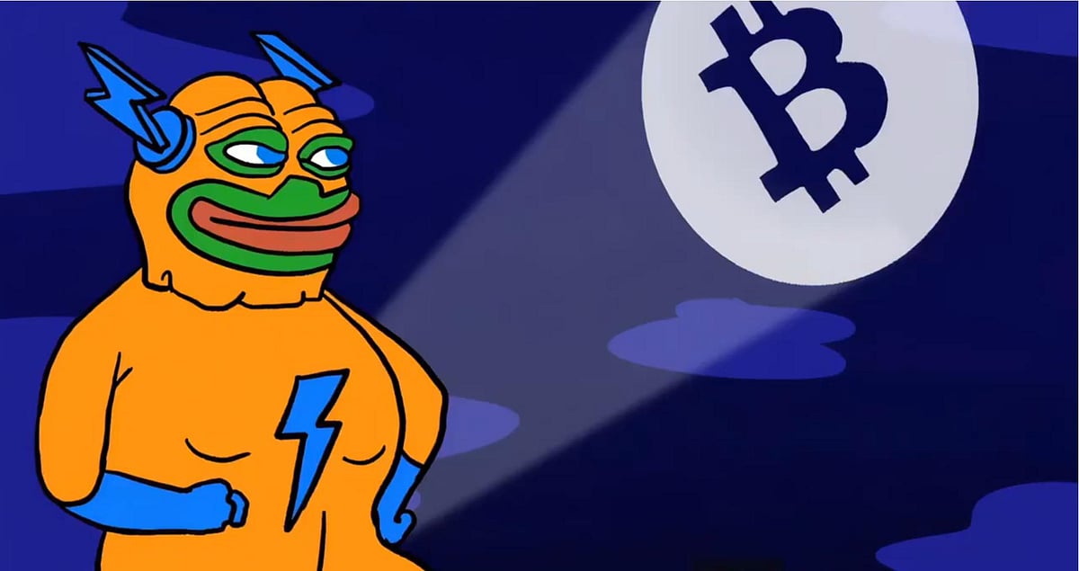 Cartoon horse with lightning bolt beside Bitcoin logo on blue background