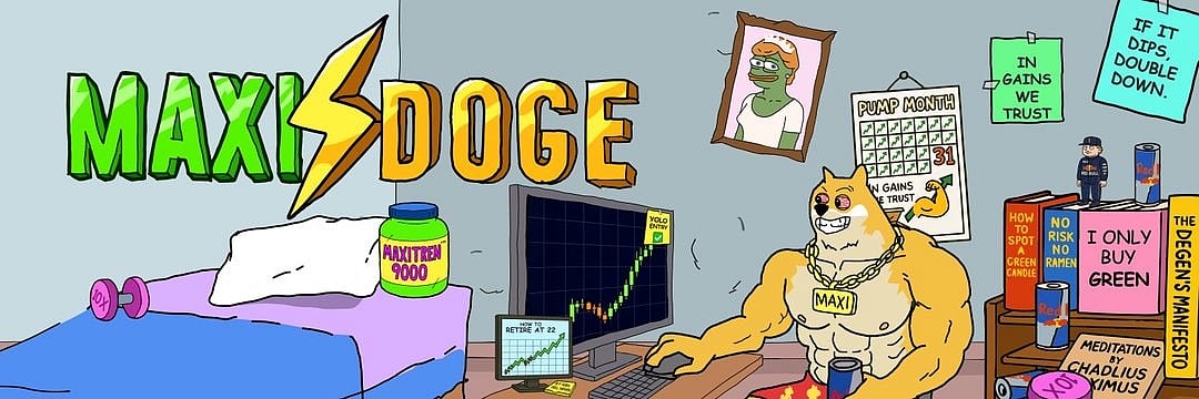 Cartoon illustration for Maxi Doge (MAXI) crypto project with a muscular Doge working at a desk.