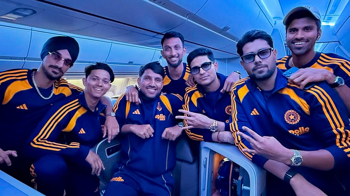 Instagram/Shubman Gill via PTI : (From left) Arshdeep Singh, Yashasvi Jaiswal, Dhruv Jurel, Prasidh Krishna, Shubman Gill, Harshit Rana and Washington Sundar en route to Australia for their upcoming ODI and T20I series.