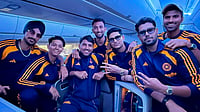 Instagram/Shubman Gill via PTI : (From left) Arshdeep Singh, Yashasvi Jaiswal, Dhruv Jurel, Prasidh Krishna, Shubman Gill, Harshit Rana and Washington Sundar en route to Australia for their upcoming ODI and T20I series.