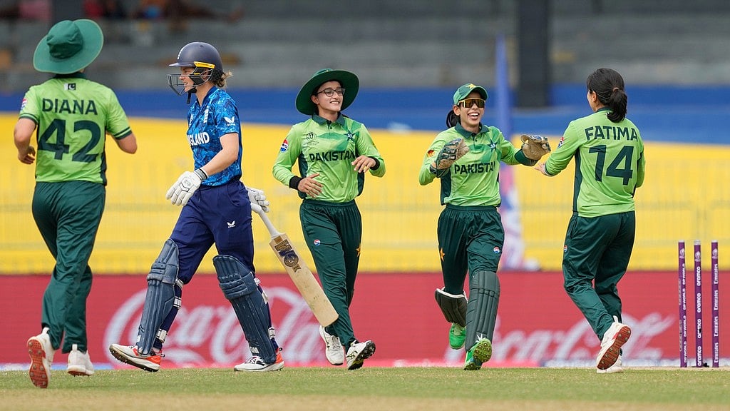 Photo: AP : Pakistan Vs England Highlights, ICC Women's ODI World Cup 2025: Amy Jones leaves the ground after losing her wicket to Fatima Sana in Colombo.
