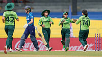 Photo: AP : Pakistan Vs England Live Cricket Score, ICC Women's ODI World Cup 2025: Amy Jones leaves the ground after losing her wicket to Fatima Sana in Colombo.