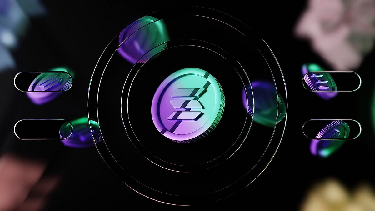 Graphic with a central, glowing Solana coin logo surrounded by other smaller, blurred coins.