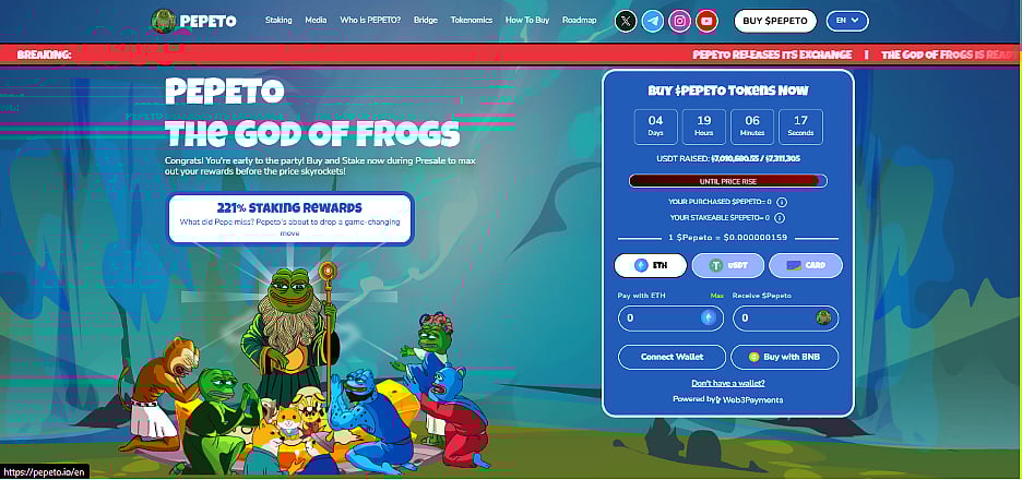 A crypto project called PepeTo (The God of Frogs) with a token purchase form.