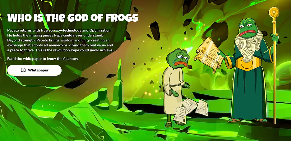 An advertisement featuring two figures of Pepe the Frog, titled WHO IS THE GOD OF FROGS