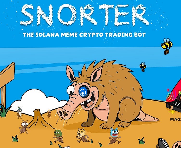 Cartoon graphic for SNORTER, THE SOLANA MEME CRYPTO TRADING BOT, featuring a snorting animal.