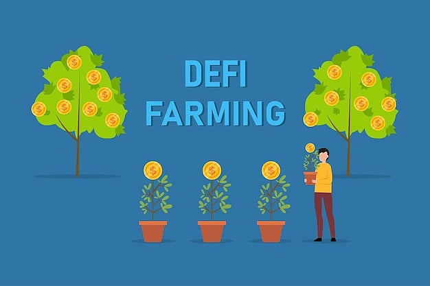An illustration of DEFI FARMING showing a person watering plants with coin-shaped leaves.jpg