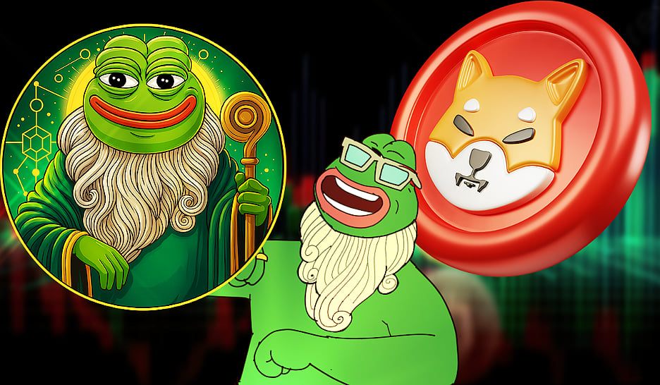 Digital art of Pepe the Frog characters with beards and a large Shiba Inu coin.