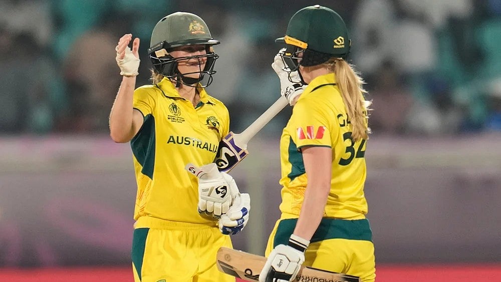 | Photo: AP/Aijaz Rahi : ICC Women's World Cup 2025: Aussies celebrating their win.