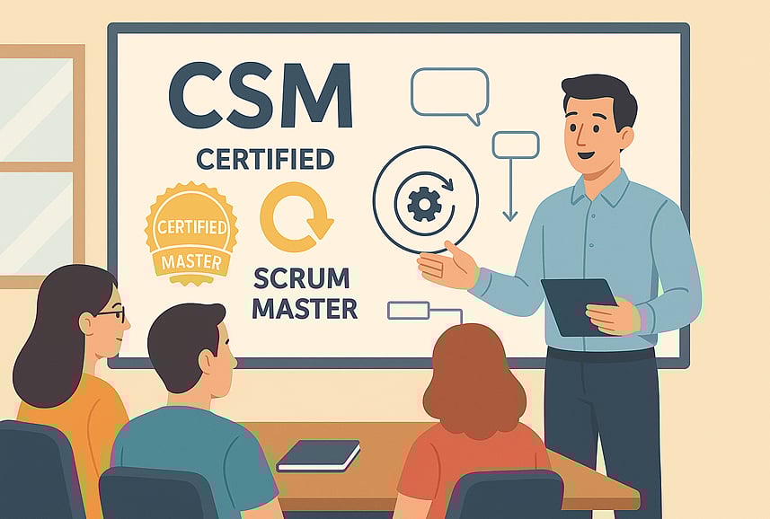 Illustration of an instructor teaching students about Certified Scrum Master (CSM) certification.