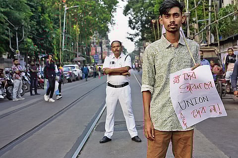 A student protest against the abolition of union infront of presidency university