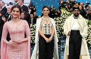 L to R: Sonam Kapoor, Isha Ambani, Sabyasachi Mukherjee