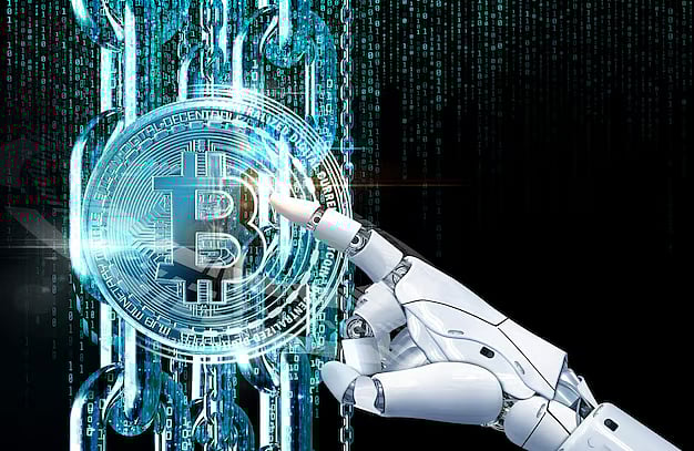 An AI hand touching a glowing Bitcoin symbol with blue binary code and chains.