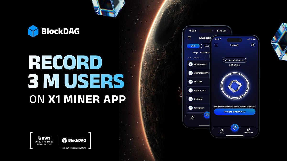 BlockDAG ad: RECORD 3 M USERS ON X1 MINER APP with a planetary background and phone screens.