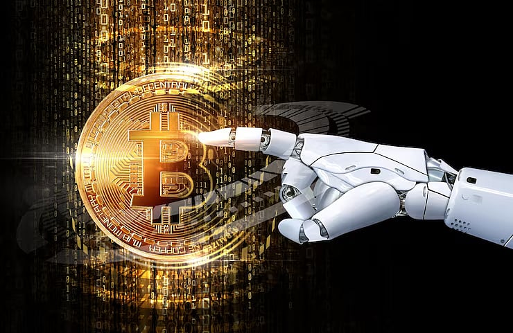 Robotic hand touching bitcoin