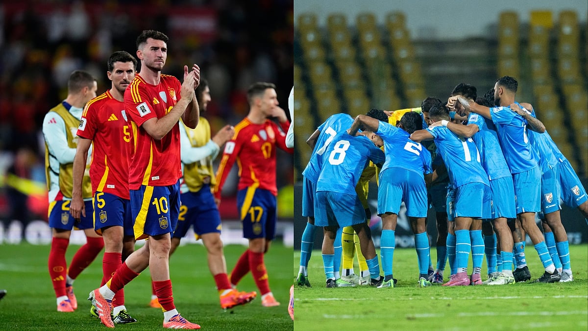 | Photo: AP/Manu Fernandez and X/IndianFootball : File photo of Spain in action against Bulgaria, and India in action against Singapore.