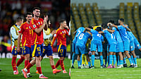 | Photo: AP/Manu Fernandez and X/IndianFootball : File photo of Spain in action against Bulgaria, and India in action against Singapore.