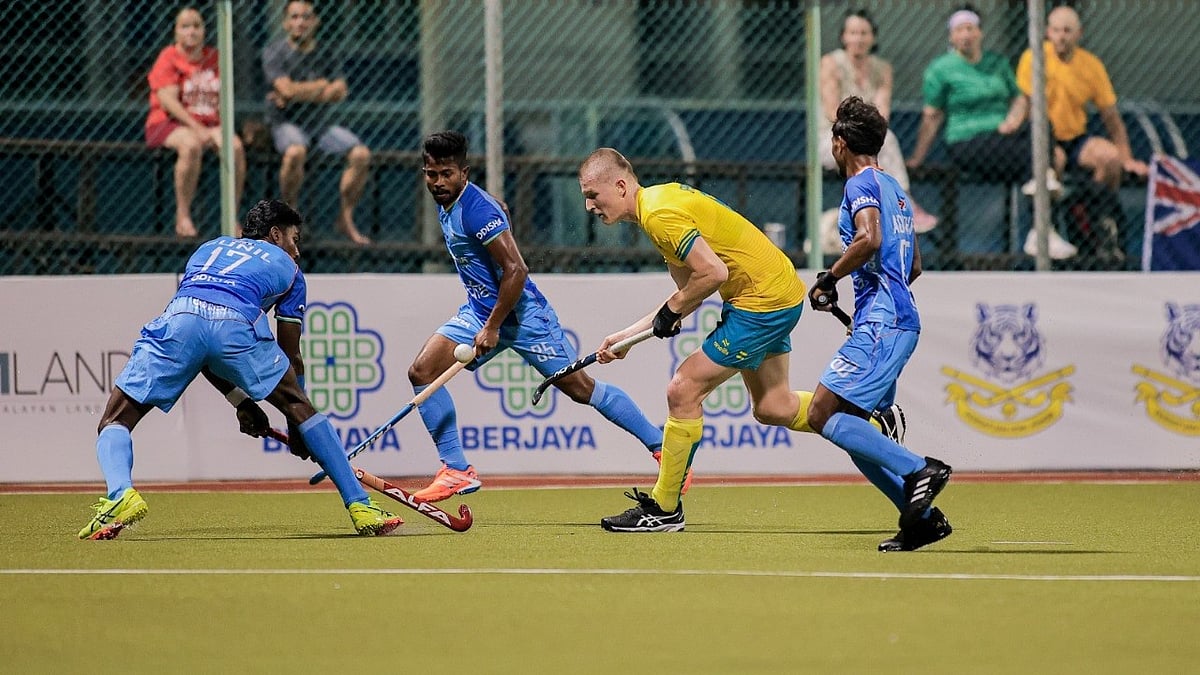 Hockey India : Action from the India vs Australia, Sultan of Johor Cup 2205 final.