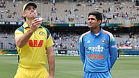 X/BCCI : Captains Mitchell Marsh (left) and Shubman Gill at the toss for the first India vs Australia ODI in Perth.