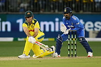 (David Woodley/AAPImage via AP) : Australia's Mitch Marsh bats during the one day international cricket match between Australia and India in Perth Australia, Sunday, Oct. 19, 2025. 